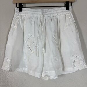 Scarlett Poppies Dosinia Shorts Embroidered Seahorse Print White Linen Blend Med